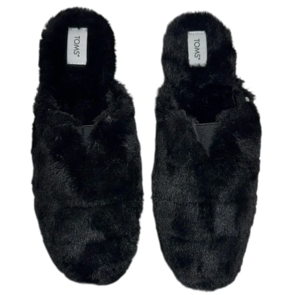 Toms Alpargata Mallow Mule Fluff Slippers Black Faux Fur Women's Size 10 NWOT - Picture 2 of 14